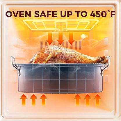 HONGBAKE 18 Inch Turkey Roasting Pan with Rack and Lid – Large Gray Carbon Steel Roaster Pan for 20 lb Turkey, Oven Safe Baking Pan for Holiday Meals & Thanksgiving