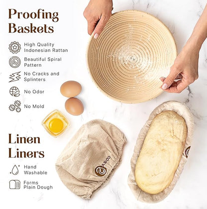 Sourdough Bread Baking Supplies and Starter Kit - Ultimate Bread Making and Sourdough Starter Kit with Proofing Baskets, Sourdough Jar, Bread Lame, Scrapers & Danish Whisk
