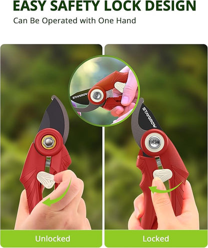 Pruning Shears - 6.9" Professional Garden Shears with SK5 Stainless Steel Sharp Blades, Garden Clippers with Comfortable Grip Hands and Safety Lock, Gardening Tools for Men Women - Red
