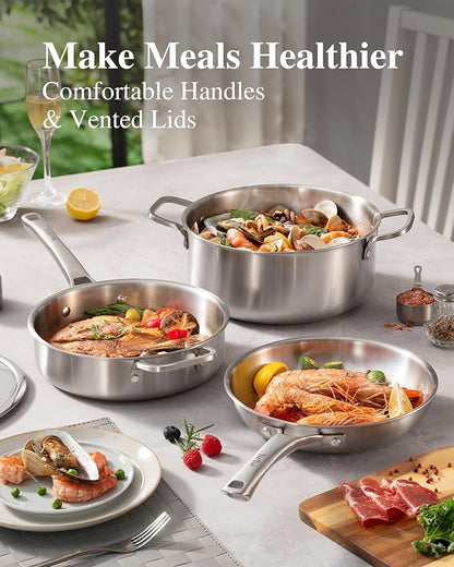 Stainless Steel Cookware Set,Tir-Ply Pots and Pans Set,10 Pcs Stainless Steel Induction Kitchen Cookware Sets,PFOA Free, Frying Pans,Saucepans,Saute Pan & Stock Pot,Compatible with All Cooktops