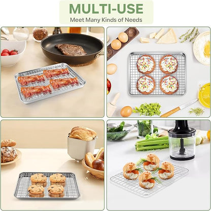 TeamFar Toaster Oven Pan with Rack Set, 9’’ x 7’’ x 1’’ Stainless Steel Compact Toaster Oven Small Baking Pan Tray with Mini Cooling Grid Rack, Healthy & Heavy-Duty, Dishwasher & Oven Safe, 2pcs