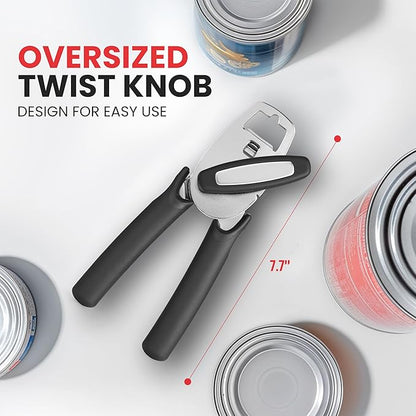 Zulay Kitchen Heavy Duty Stainless Steel Manual Can Opener – Ergonomic Soft Grip Handles, Smooth Edge Cutting Wheel & Large Built In Bottle Opener – Easy Turn Knob for Effortless Use - Black