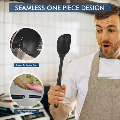 HOTEC Heat Resistant Silicone Cooking Spoon Spatula, Large Kitchen Solid and Slotted Spoons for Mixing, Serving, Scraping, Non-stick, Dishwasher Safe Black 12.5inch