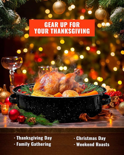 Enamel Granite Roasting Pan with Lid 18 Inch with Rack, Extra Large Deep Oven Baking Pot, NonStick Oval Carbon Steel Potato Roaster Pan for Turkey Chicken Steak NonToxic Perfect for Party Thanksgiving