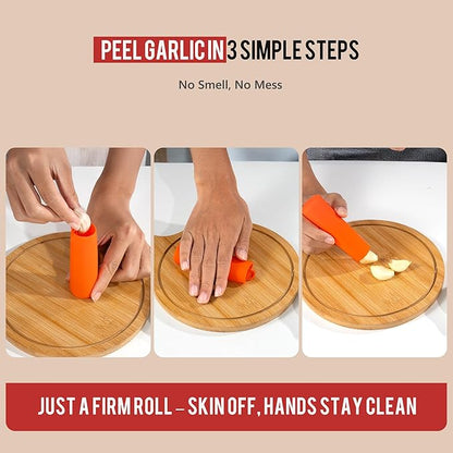 Li&Zhao Stainless Steel Garlic Press Rocker - Garlic Crusher Stainless Steel Garlic Mincer Tool Garlic Rocker with Garlic Peeler Garlic Smasher for Kitchen Cooking(Orange)