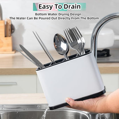 Silverware Organizer,Kitchen Utensil Holder For Counter,Stainless Steel Caddy,4 Compartments Organizer, Capacity Flatware Spoon Fork Tool Cutlery Holder（White）
