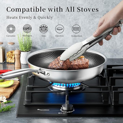 Innerwell Tri-Ply Stainless Steel Frying Pan Set with Lid,9.5Inch 11Inch Nonstick Honeycomb Stainless Steel Cooking Pan Set of 2 Skillet Works Pan for Cooking with Induction Gas Stovetops