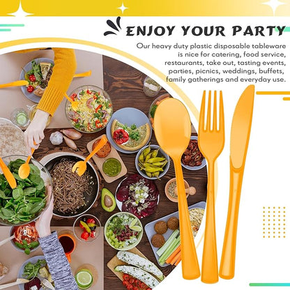 Minatee 150 Pieces Disposable Cutlery Set Plastic Silverware Heavy Duty Utensil Sets 50 Forks 50 Knives 50 Spoons for Home Office School Party Picnics Restaurant Outdoor Events(Orange)