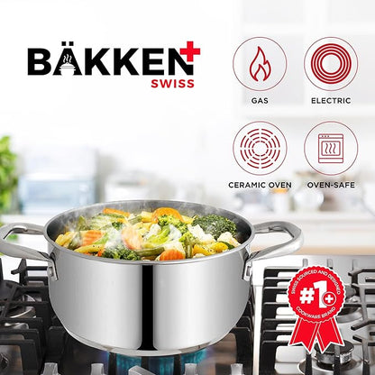 Stainless Steel Stockpot with Tempered Glass Lid 3 Quart, Durable 18/0 Stainless Steel, Impact-Bonded Base for Even Heating, Riveted Handles, Oven & All Stove Compatible, Safe Up To 500°F (260°C)