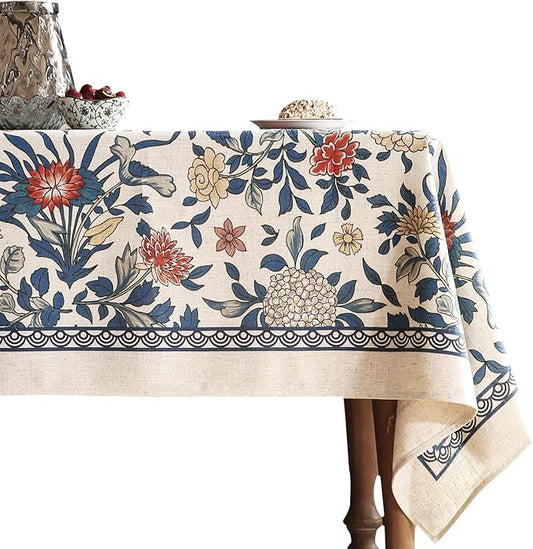 patdrea Designer Blue Tablecloth for Rectangle Table,Vintage Linen with Leaves and Floral Pattern Tablecloths,Farmhouse Decor Cover for Kitchen Dining Christmas,Thanksgiving,55"x87"-Ivar a