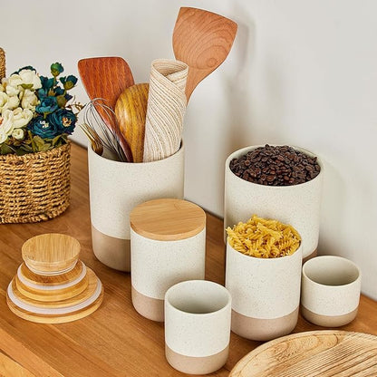 Yangbaga Canister Sets for Kitchen Counter, 20 OZ Large Ceramic Food Storage Jars with Airtight Wood Lids, Large Kitchen Canisters for Coffee, Sugar, Tea, Flour, Spice