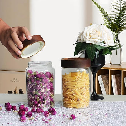 Airtight Glass Jars with Wooden Lid Glass Spice Jar Round Glass Storage Canister for Pantry Sugar Tea Coffee Bean Nuts Cookies Bath Salts (900ML*2PACK)