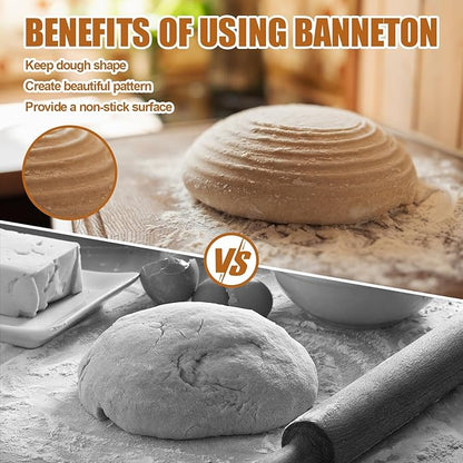 Banneton Bread Proofing Basket - 9 inch Banneton Basket Set of 2 Sourdough Proofing Basket Round Proofing Bowls Handmade Rattan Baskets and Liners