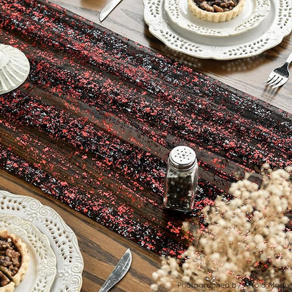 Artoid Mode 6PCS Black Red Gold Gauze Table Runner 120 Inch 10FT, Glitter Metallic Foil Sheer Dining Wedding Anniversary Holiday Table Decor for Home Party