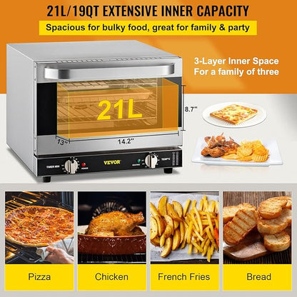 VEVOR Commercial Convection Oven, 21L/19Qt, Quarter-Size Conventional Oven Countertop, 1440W 3-Tier Toaster w/Front Glass Door, Electric Baking Oven w/Trays Wire Racks Clip Gloves, 120V