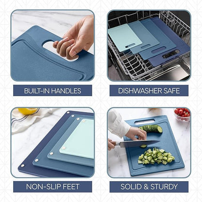 COOK WITH COLOR Non-Slip Cutting Board Set – Kitchen Essentials with Easy Grip Handle for Meat, Veggies, and Fruits, 4 Cutting Boards, Blue-New
