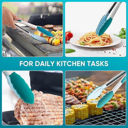 600℉ Heat Resistant Kitchen Tongs for Cooking with Silicone Tips,Maywe Tanso 17-Inch Stainless Steel Locking Cooking Tongs Food Tongs for BBQ,Salad and Serving Food,Heavy Duty,Non-Stick,Turquoise