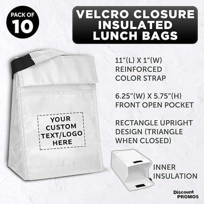 DISCOUNT PROMOS 10 Hook and Loop Insulated Lunch Bags Set - Customizable Text, Logo - Polyester, Durable, Vibrant, Reusable - White