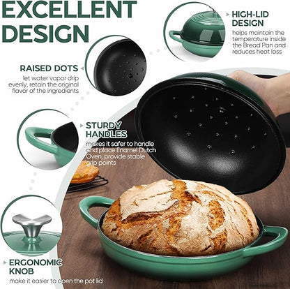 E-far Dutch Oven for Sourdough Bread Baking, 6 Qt Round Enameled Cast Iron Dutch Oven for Homemade Artisan Bread, Dome Lid & Shallow Base, Matte Black Interior & Durable, Oven-Safe to 500℉, Dark Green