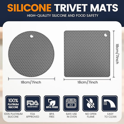 Silicone Trivet Mats 4 Heat Resistant Pot Holders Multipurpose Non-Slip Hot Pads for Kitchen Potholders, Drying mat, Jar Opener, Spoon Holder, Coaster.(Dark Grey)