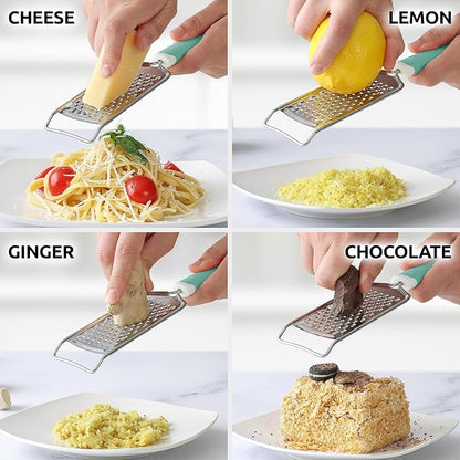 Zulay Kitchen Professional Cheese Grater Stainless Steel - Durable Rust-Proof Metal Lemon Zester Grater With Handle - Flat Handheld Grater For Cheese, Chocolate, Spices, And More - Mint