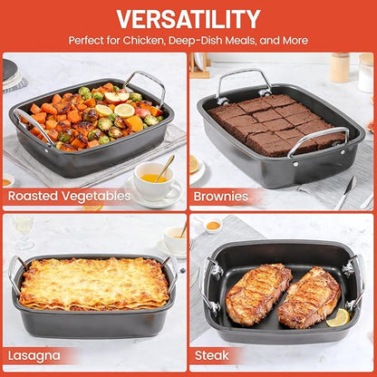 24lb Carbon Steel Nonstick Roasting Pan with Rack - BPA Free, Leak-Proof, 450°F Heat Resistant (17x13x4in) | Oil-Draining, Dishwasher Safe for Thanksgiving Christmas Turkey