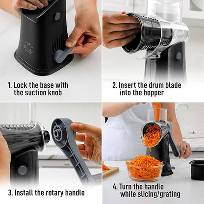 Zulay Kitchen Rotary Cheese Grater 5 Blade Cheese Shredder - Manual Hand Crank Cheese Grater With Reinforced Suction & 5 Interchangeable Drums - Easy to Use, Vegetable Chopper Round Mandoline Slicer