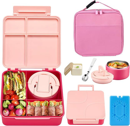 Bento Lunch Box with 8oz Soup Thermo,Kids Leakproof 4 Compartment Lunch Food Containers with Sauce Cup and Ice Pack,Kids Thermo Insulated Hot Food Jar and Lunch Bag for School,Trvael-Pink