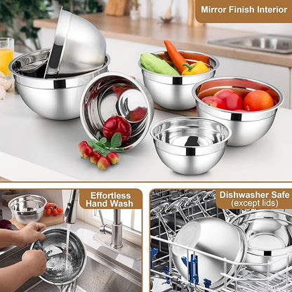 LIANYU Mixing Bowls with Visible Airtight Lids Set, 6Pcs Stainless Steel Kitchen Metal Nesting Bowls, Large Size 7, 3.5, 2.5, 2, 1.5, 1QT for Cooking, Baking, Serving, Dishwasher & Freezer Safe, Khaki