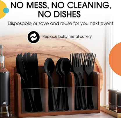 Party Solids Black Plastic Silverware Heavy Duty 150 Pieces Black Plastic Cutlery Sets, Utensil Sets, 50 Of Each Forks, Knives & Spoons Disposable Cutlery Set, Flatware Set For Party Supplies