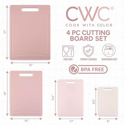 COOK WITH COLOR Non-Slip Cutting Board Set – Kitchen Essentials with Easy Grip Handle for Meat, Veggies, and Fruits, 4 Cutting Boards, Pink