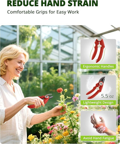 Pruning Shears - 6.9" Professional Garden Shears with SK5 Stainless Steel Sharp Blades, Garden Clippers with Comfortable Grip Hands and Safety Lock, Gardening Tools for Men Women - Red