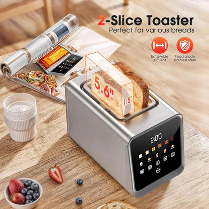 Touch Screen Toaster 2-Slice with 1.5" Wide Slots & Memory Recall | 900W Stainless Steel Smart Digital Toasters | 6 Shade Settings for Bagels & Thick Bread