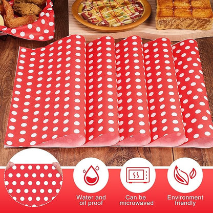 Fulmoon 300 Sheets Waxed Deli Paper Sheets for Food 12 x 12 Inch Polka Dot Dry Wax Paper Greaseproof Food Basket Liners Sandwich Wraps for Wrapping Bread Baking BBQ Picnic Party (Red)