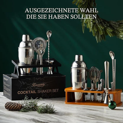 KITESSENSU Cocktail Shaker Set Bartender Kit, 6-Piece Silver Bar Set with Stand, Bar kit with Essential Bar Accessory Tools: Martini Shaker, Jigger, Strainer, Bar Spoon, Tongs, Opener