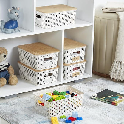 Small Plastic Storage Bins with Bamboo Lids 5.2qt Stackable Box Basket Pantry Decorative Containers Cute with Lable for Organizing Desktop Closet Office Cream White of 6 packs 10*7.2*4.1'’