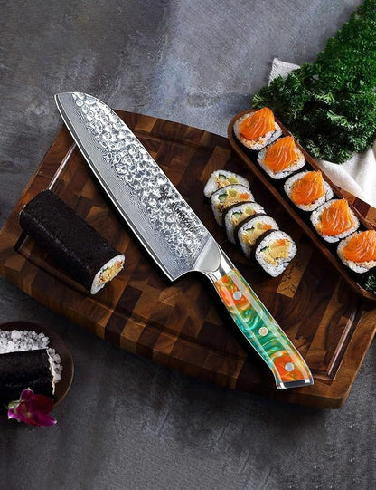 7" Santoku Knife - Japanese Chef Knife - Hammered Damascus Steel & Resin Handle - YAO Series