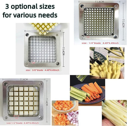 Upgrade Stainless Steel Vegetable Cutter: Ideal for potatoes, tomatoes, peppers, mushrooms.3 Replacement Blades (1/4", 3/8", 1/2") for various widths. Doubles cutting efficiency.
