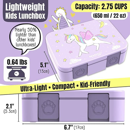 BEARFOOT Kids Lunch Box with Compartments – Compact & Lightweight | Leak-Proof, BPA-Free, Dishwasher & Microwave Safe | Hand-Drawn Design for Preschool, School, Travel (Unicorn Purple, 2.75 Cups)
