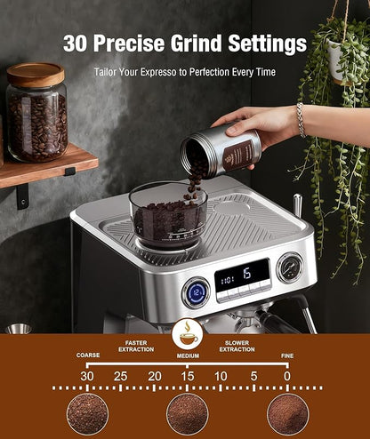 Kndko Double Boiler Espresso Machines with Built-in 30 Grind Settings, 20 Bar Stainless Steel Coffee Maker with Milk Frother Steam Wand, Barista Espresso Maker for Home Cappuccino Latte & Americano