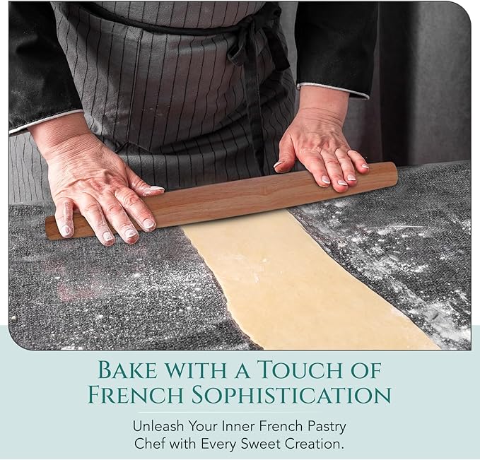 Top Notch Kitchenware Mahogany French Rolling Pin | Non-Stick Kitchen Tool | Tapered Solid Wood Design for Precise Bakin | Ideal for Professional & Home Bakers