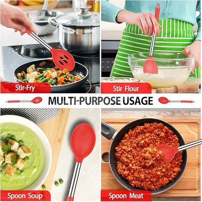Pack of 2 Large Silicone Cooking Spoons, Non-Stick Stainless Steel Slotted and Solid Spoon Set for Serving, Mixing, Draining, Heat Resistant, Scratch Resistant and BPA Free Kitchen Scoops (Red)