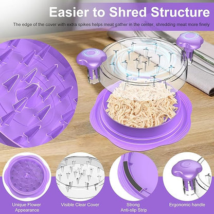 Chicken Shredder Large Chicken Breast Shredder Tool Twist with Brush&Fork, Visible Meat Shredder Machine, Anti-Slip Strip, Ergonomic Handle, BPA Free, Suitable for Pork Beef Chicken(Purple)