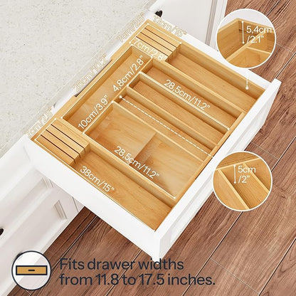 HOOBRO Silverware Organizer Kitchen Drawer Organizer, Expandable Utensil Drawer Organizer, with 2 Knife Block, Bamboo Cutlery Tray with Divider for Flatware and Kitchen Utensils, Natural YL06TL01