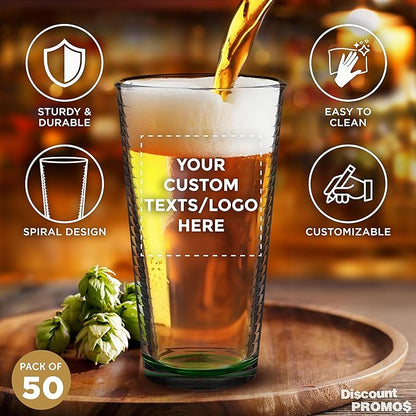 Custom Spiral Pint Glass 16 oz. Set of 50, Personalized Bulk Pack - Beer Glasses, Heavy Duty Drinkware - Green