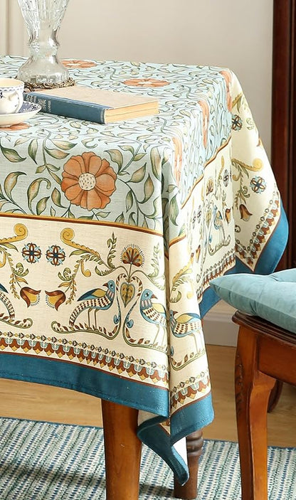 patdrea Designer French Linen Blue Tablecloth for Rectangle Table,Vintage Floral Table Cloth,Colorful Decoration Fall Cover Kitchen Dining for Thanksgiving,Tea Party,Christmas,63"x102"-Wensel