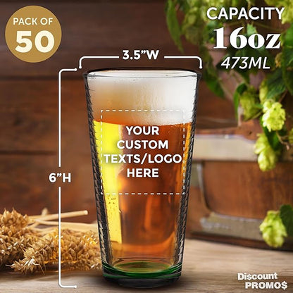 Custom Spiral Pint Glass 16 oz. Set of 50, Personalized Bulk Pack - Beer Glasses, Heavy Duty Drinkware - Green