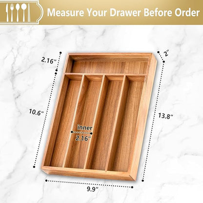 Silverware Organizer, 10 Inch Utensil Organizer Kitchen Drawer Organizer Acacia Silverware Holder Cutlery Tray Organizer in Drawer Flatware Organizer Tray(5 slots, Acacia）