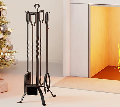 Fire Beauty 5 Pieces Fireplace Tools Sets Fireplace Accessories Tools Holder with Handles Tools for Indoor Fireplace Decor Outdoor Fire Pit Modern Tool(Sanded Black)
