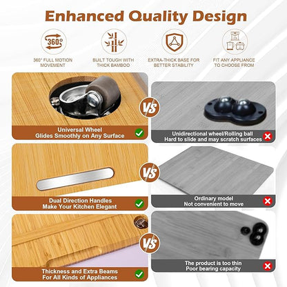Joy&Grace Appliance Slider for Kitchen Appliances 360° Rolling Sliding Tray for Coffee Maker Countertop, Bamboo Coffee Pot Slider Rolling Tray (Natural, Large 16"x13")